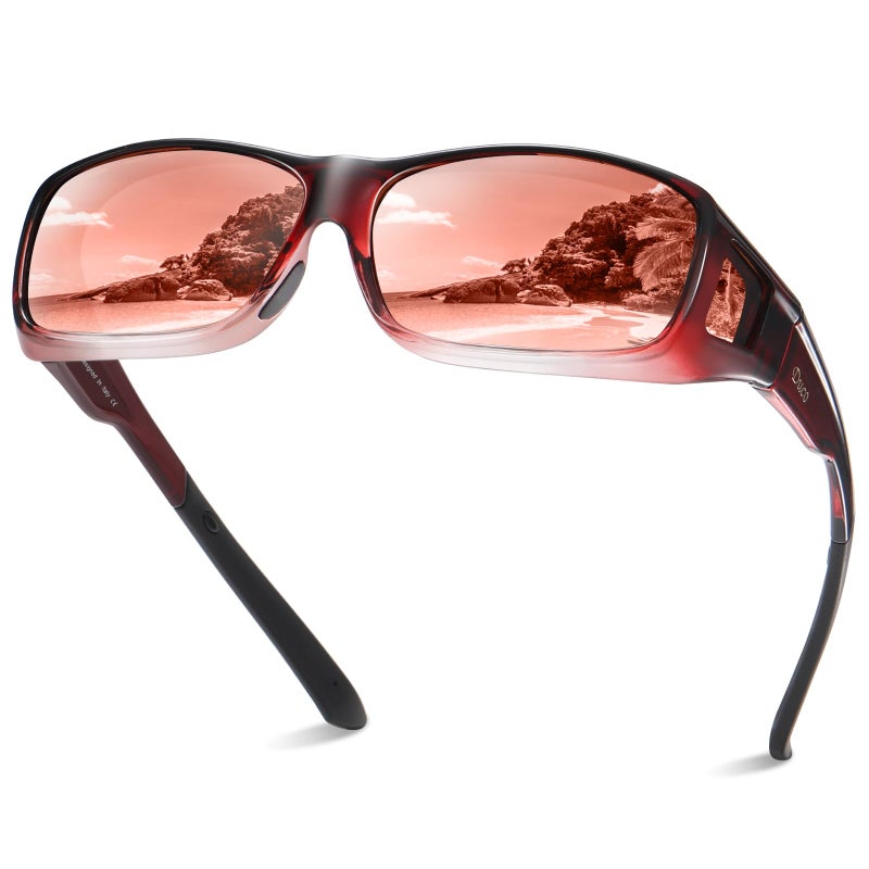 DUCO Polarized Wraparound Fitover Glasses Wear Over Sunglasses for Men Women UV Protection Sun Glasses 8954 (Wine Red Frame Brown Lens) - Image 1